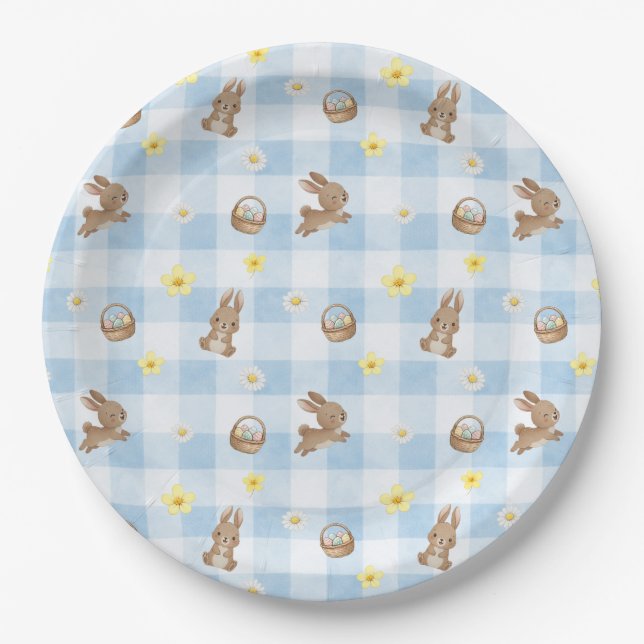 Assiettes En Carton Easter Bunny Blue Gingham (Devant)
