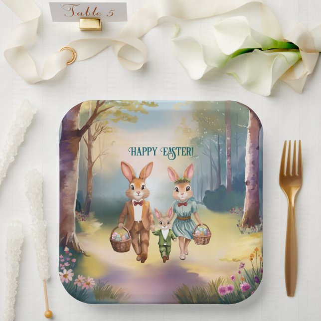 Assiettes En Carton Easter Bunny Family Hunting for Eggs - Painting (Mariage)