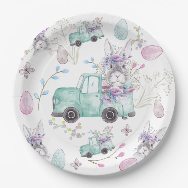 Assiettes En Carton Easter Watercolor Motif Bunny Camion (Devant)