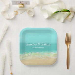 Assiettes En Carton Eau bleu aqua/rivage de plage peint