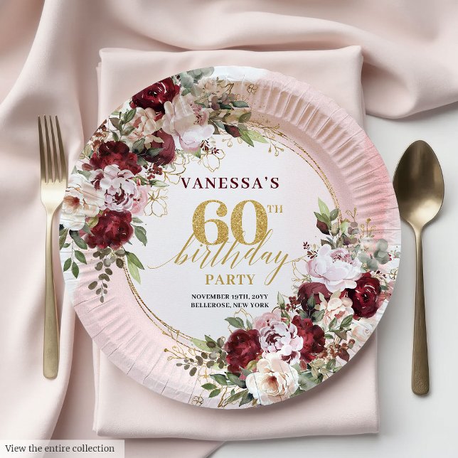 Assiettes En Carton Eau chic aquarelle bohème burgundy blush 60e anniv (Chic Watercolor Boho Burgundy Blush 60th Birthday Paper Plates)