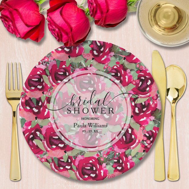 Assiettes En Carton Eau rose rose Fête des mariées florale (Chic pink watercolor floral bridal shower personalized paper plates)
