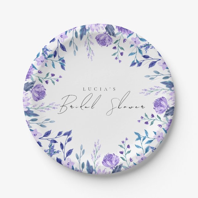 Assiettes En Carton Échantillon de jardin floral violet bleu mariage (Devant)