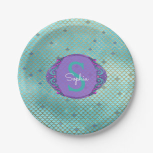 Assiettes En Carton Échelle de sirène turquoise et violette Monogramme
