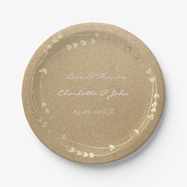 Assiettes En Carton Eco Naturelle Kraft Foxier Gold Wreath Heart (Devant)