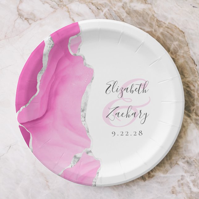 Assiettes En Carton Écriture de géode d'agate rose argent mariage (Créateur téléchargé)