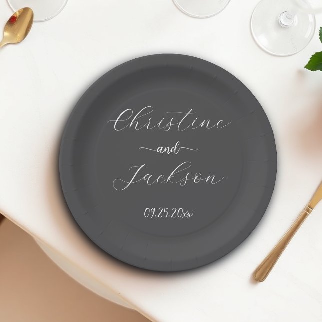Assiettes En Carton Écriture Élégante Mariage Gris Foncé (Créateur téléchargé)