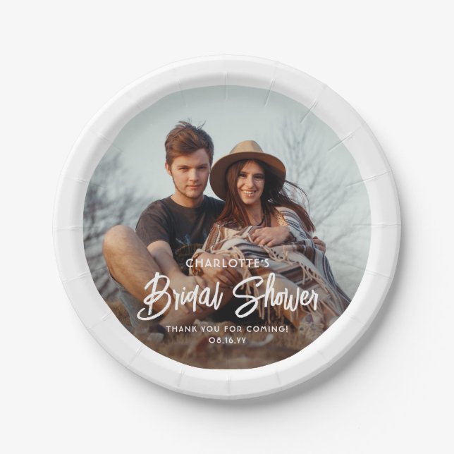 Assiettes En Carton Écriture Moderne Élégante et Photo Mariage Minimal (Devant)