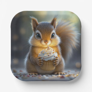 Assiettes En Carton Écureuil d'anniversaire avec Cupcake