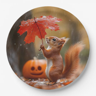 Assiettes En Carton Écureuil mignon avec parapluie à feuilles - Pluie
