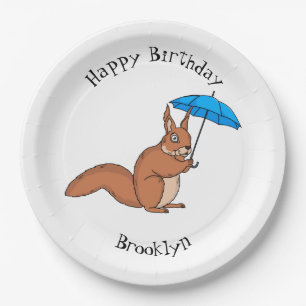 Assiettes En Carton Écureuil rouge mignon avec dessin animé parapluie