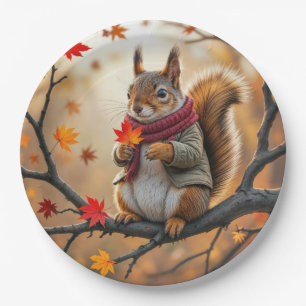 Assiettes En Carton Écureuil tenant une feuille d'érable d'automne
