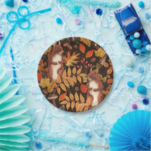 Assiettes En Carton Écureuils automnaux et flore sur brun foncé