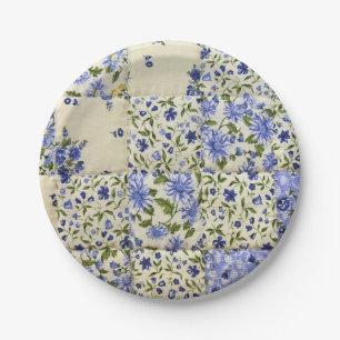 Assiettes En Carton édredon de patchwork floral bleu