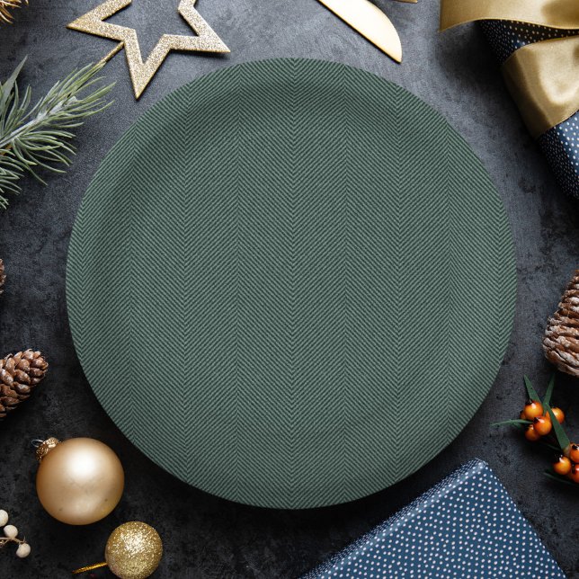 Assiettes En Carton Effet Herringbone simple vert Noël (Créateur téléchargé)