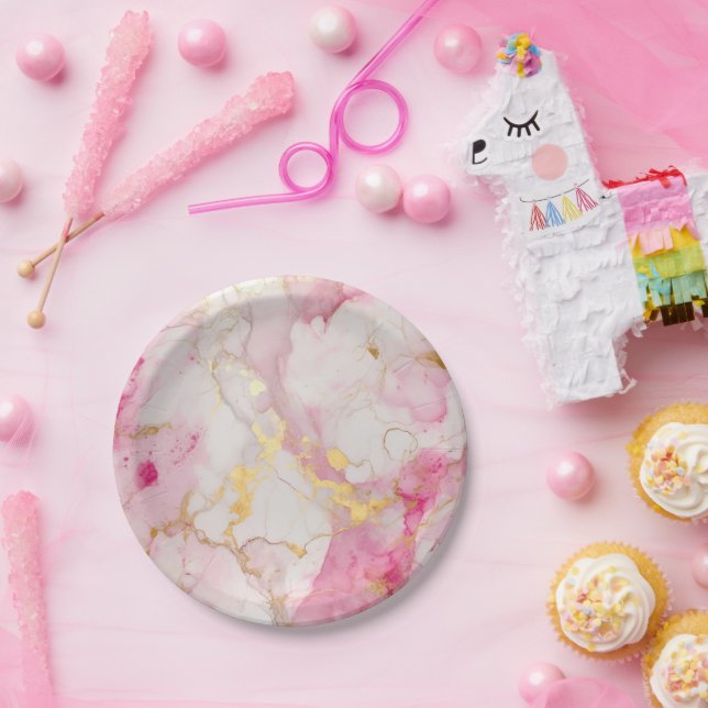 Assiettes En Carton Effet marbre rose et or glamour (Fête)