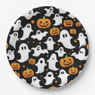 Assiettes En Carton Éffrayant Fantômes Citrouilles noir Halloween Plaq