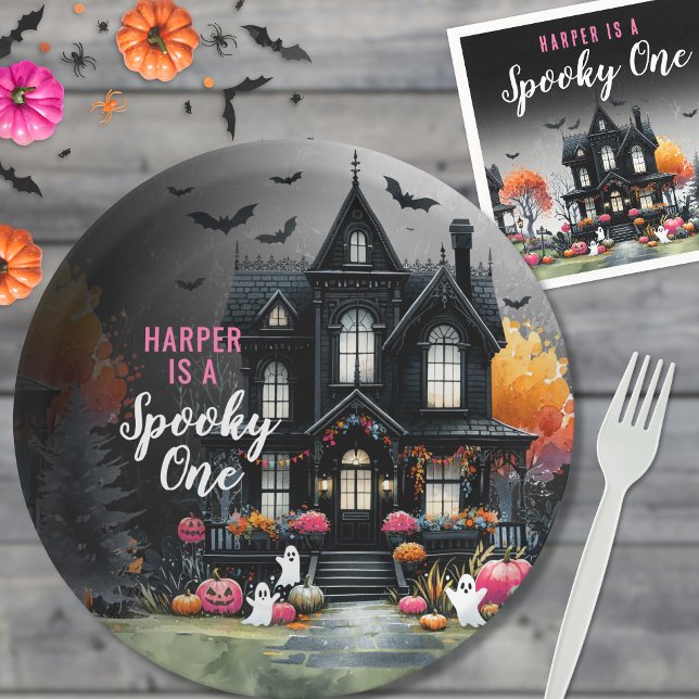 Assiettes En Carton Éffrayant Halloween rose 1er anniversaire (Spooky One Pink Halloween 1st Birthday Party Paper Plates)