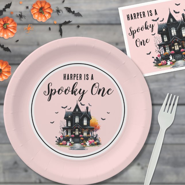 Assiettes En Carton Éffrayant Halloween rose 1er anniversaire (Spooky One Pink Halloween 1st Birthday Party Paper Plates )