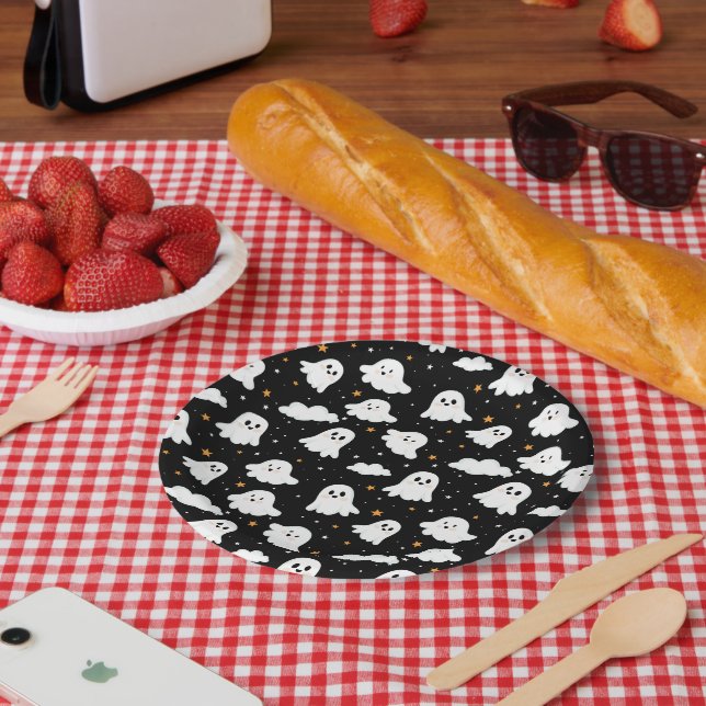 Assiettes En Carton Éffrayant mignon Halloween Ghost Nuageux Star Sky (Pique-nique)