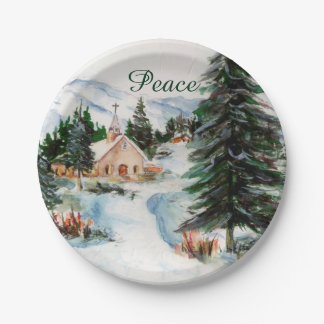 Assiettes En Carton Église de pays dans la scène de montagne
