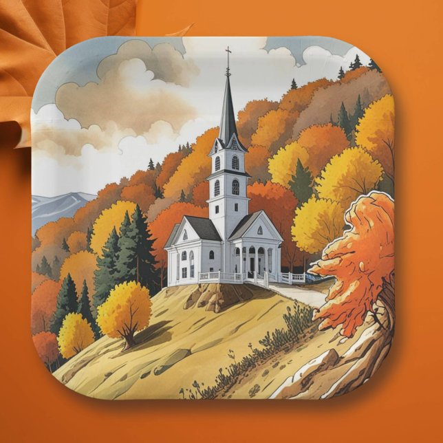 Assiettes En Carton Église sur une colline en automne (Créateur téléchargé)