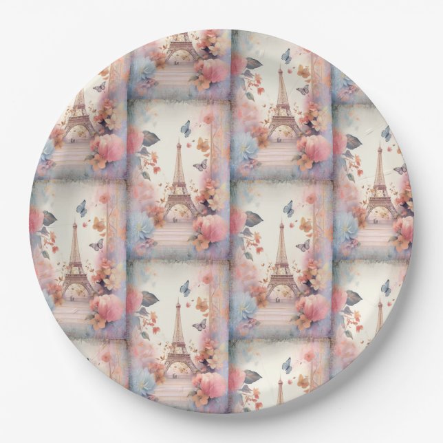 Assiettes En Carton Eiffel Tower Butterflies and Flowers (Devant)