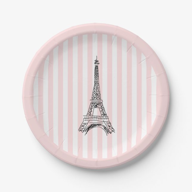 Assiettes En Carton Eiffel Tower Paris Illustration Pink Stripe (Devant)
