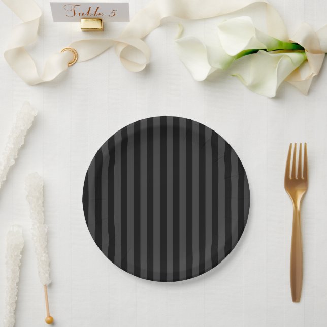 Assiettes En Carton Elagnat Black & Smoky Black Vertical Stripes (Mariage)