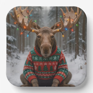 Assiettes En Carton Élan portant un pull de Noël laid