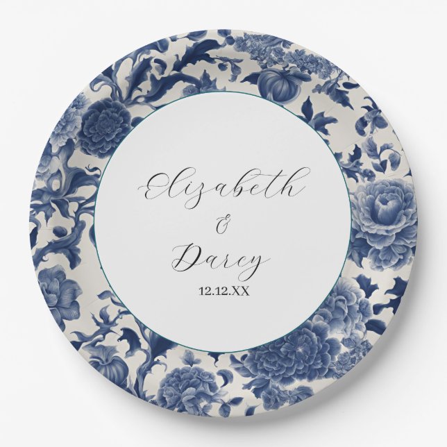 Assiettes En Carton Élégance en porcelaine : Mariage Floral Bleu (Devant)