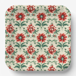 Assiettes En Carton Élégance florale de Noël rouge et vert