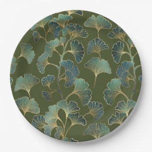 Assiettes En Carton Élégance Ginkgo Émeraude – Botanique Or Luxe