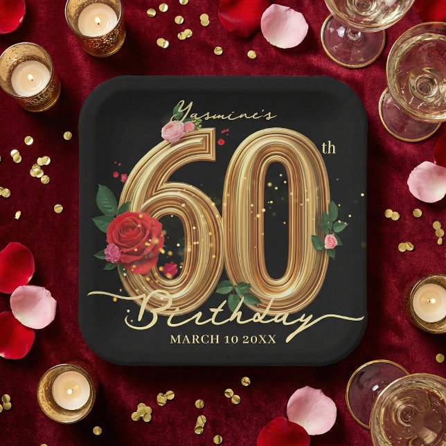 Assiettes En Carton Elegant 60th Birthday Party Black Gold Red Rose (Créateur téléchargé)