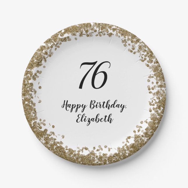 Assiettes En Carton Elegant 76th Birthday Plates With Gold Sequins (Devant)