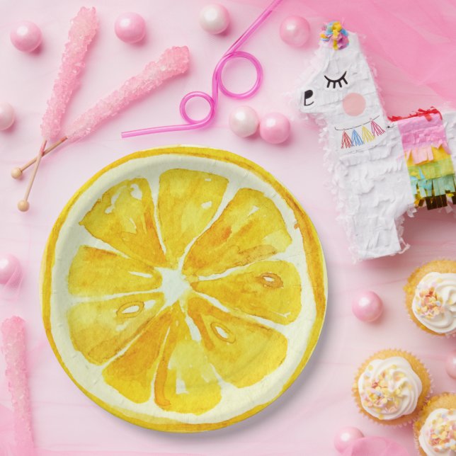 Assiettes En Carton Élégant agrumes aquarelle fête d'anniversaire jaun (Fête)