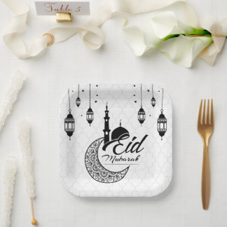 Assiettes En Carton Elégant Aïd noir et blanc Moubarak