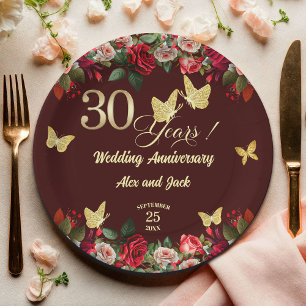 Assiettes En Carton Élégant Anniversaire de Mariage de 30 ans Floral O