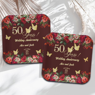 Assiettes En Carton Élégant Anniversaire de Mariage de 50 ans en or fl