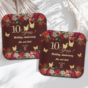Assiettes En Carton Élégant Anniversaire de Mariage Fleurs Or 10 ans