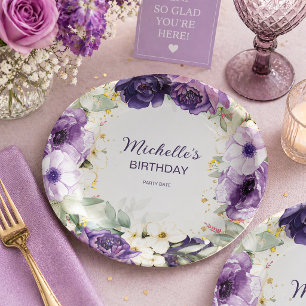 Assiettes En Carton Élégant Anniversaire Nom Paillettes Floral Blanc V