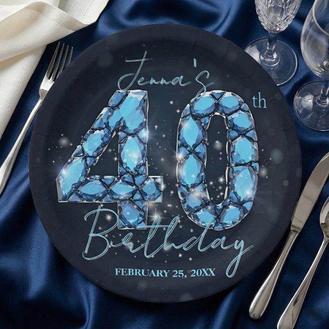 Assiettes En Carton Elegant Aquamarine Blue Jewel 40th Birthday (Créateur téléchargé)