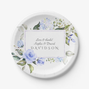 Assiettes En Carton Elégant Aquarelle bleu Fleurs Mariage de cadre