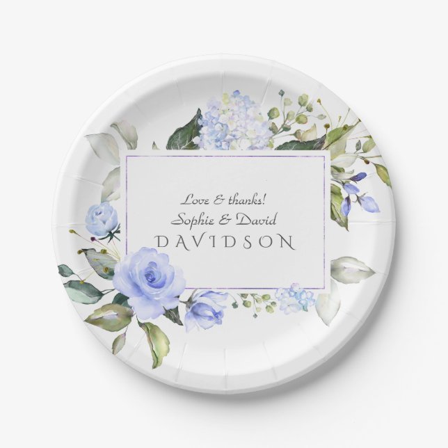 Assiettes En Carton Elégant Aquarelle bleu Fleurs Mariage de cadre (Devant)