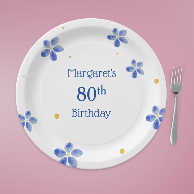 Assiettes En Carton Elégant Aquarelle Bleue Minimale Floral (Elegant Minimal Blue Watercolor Floral Paper Plates for 80th Birthday Parties)