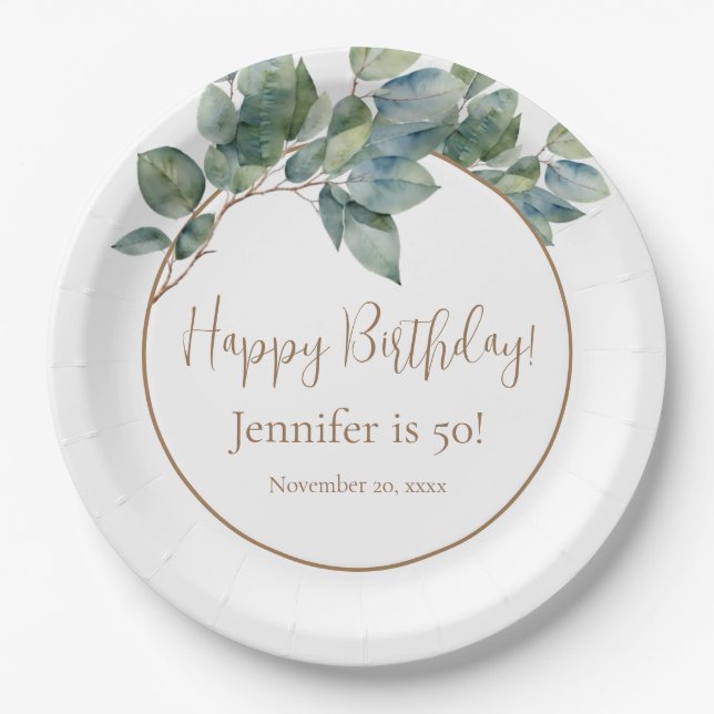 Assiettes En Carton Elégant aquarelle eucalyptus anniversaire botaniqu (Devant)