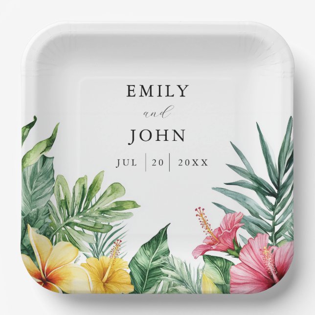 Assiettes En Carton Elégant aquarelle Mariage de fleurs tropicales (Recto)