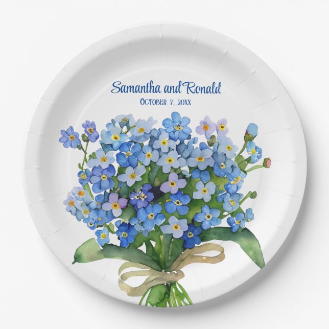 Assiettes En Carton Elégant aquarelle Oubliez-moi pas Mariage (Devant)