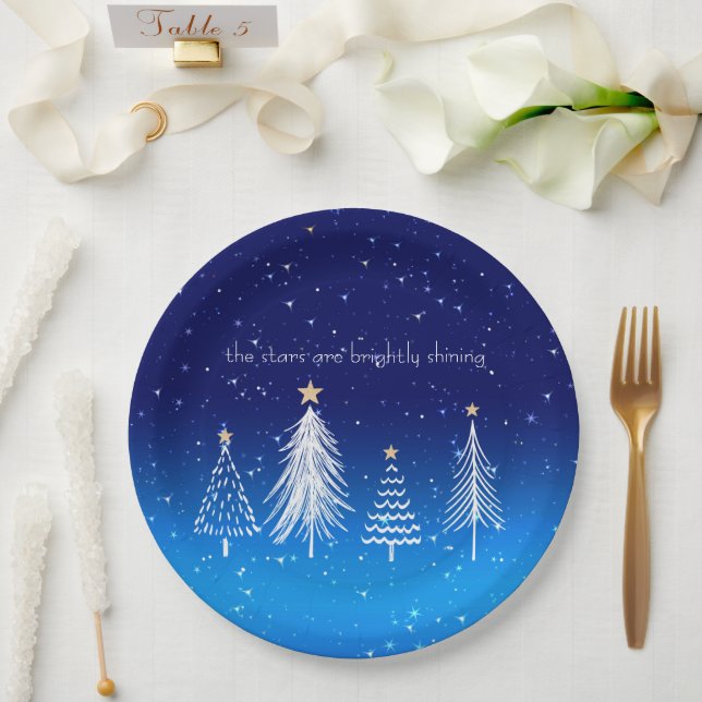 Assiettes En Carton Elégant arbre de Noël blanc avec étoiles d'or (Mariage)