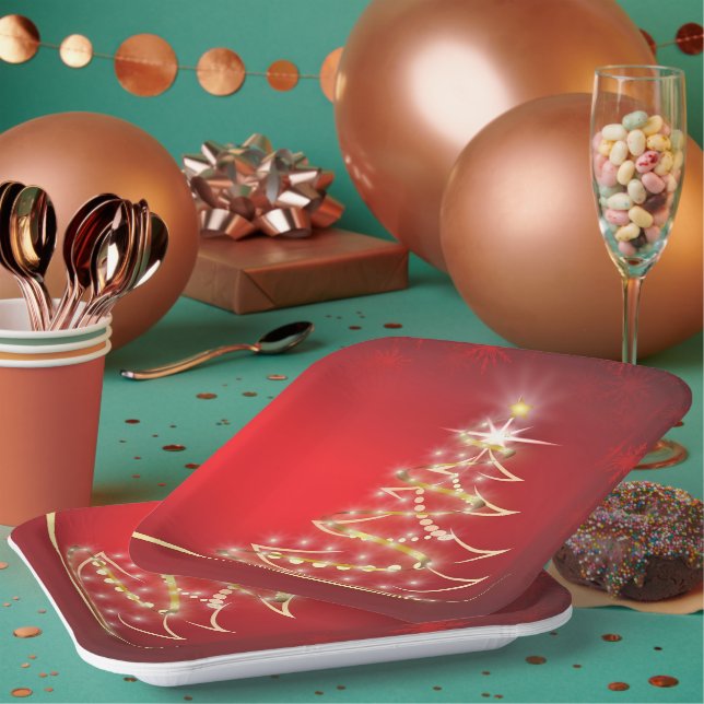 Assiettes En Carton Elégant Arbre de Noël Or sur Rouge (Multi)
